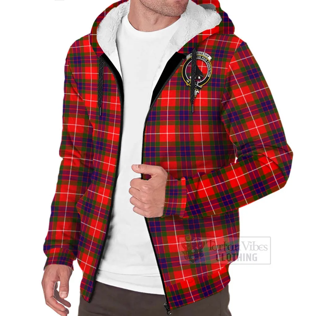 Abernethy Tartan Sherpa Hoodie with Family Crest and Bearded Skull Holding Bottles of Whiskey