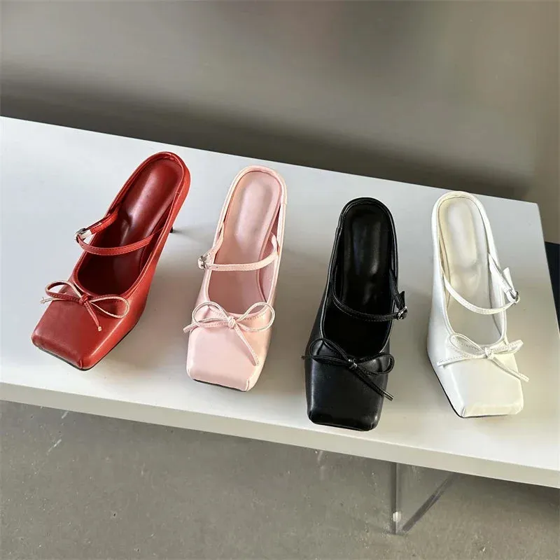 Advbridge  Spring Bowknot Square Toe Women Slippers Sexy Buckle Strap Thin High Heels Prom Mule Pumps Shoes Zapatos De Mujer