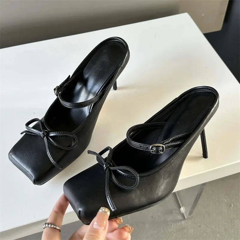 Advbridge  Spring Bowknot Square Toe Women Slippers Sexy Buckle Strap Thin High Heels Prom Mule Pumps Shoes Zapatos De Mujer