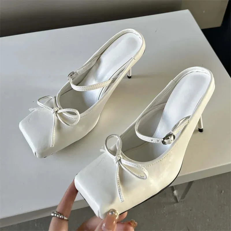 Advbridge  Spring Bowknot Square Toe Women Slippers Sexy Buckle Strap Thin High Heels Prom Mule Pumps Shoes Zapatos De Mujer