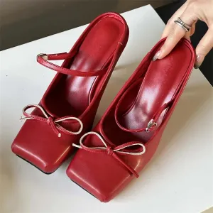 Advbridge  Spring Bowknot Square Toe Women Slippers Sexy Buckle Strap Thin High Heels Prom Mule Pumps Shoes Zapatos De Mujer