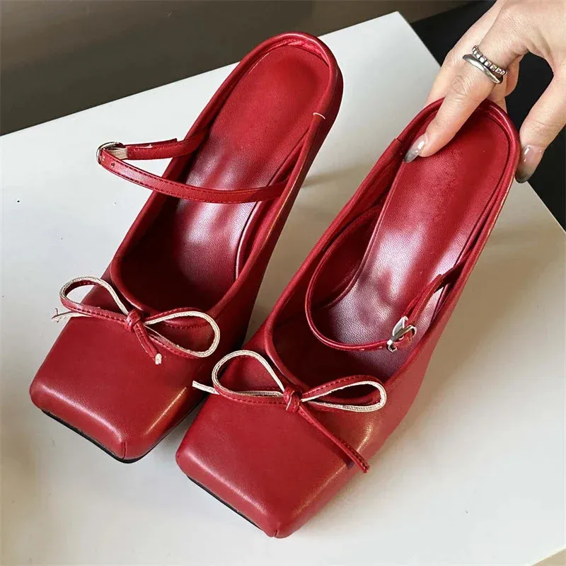 Advbridge  Spring Bowknot Square Toe Women Slippers Sexy Buckle Strap Thin High Heels Prom Mule Pumps Shoes Zapatos De Mujer