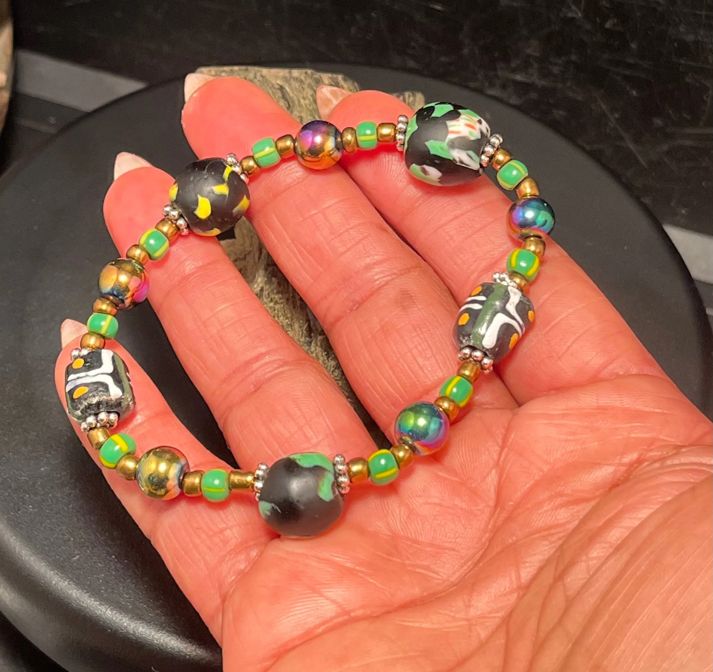 African Beads and Rainbow Hematite Stretchy Bracelet