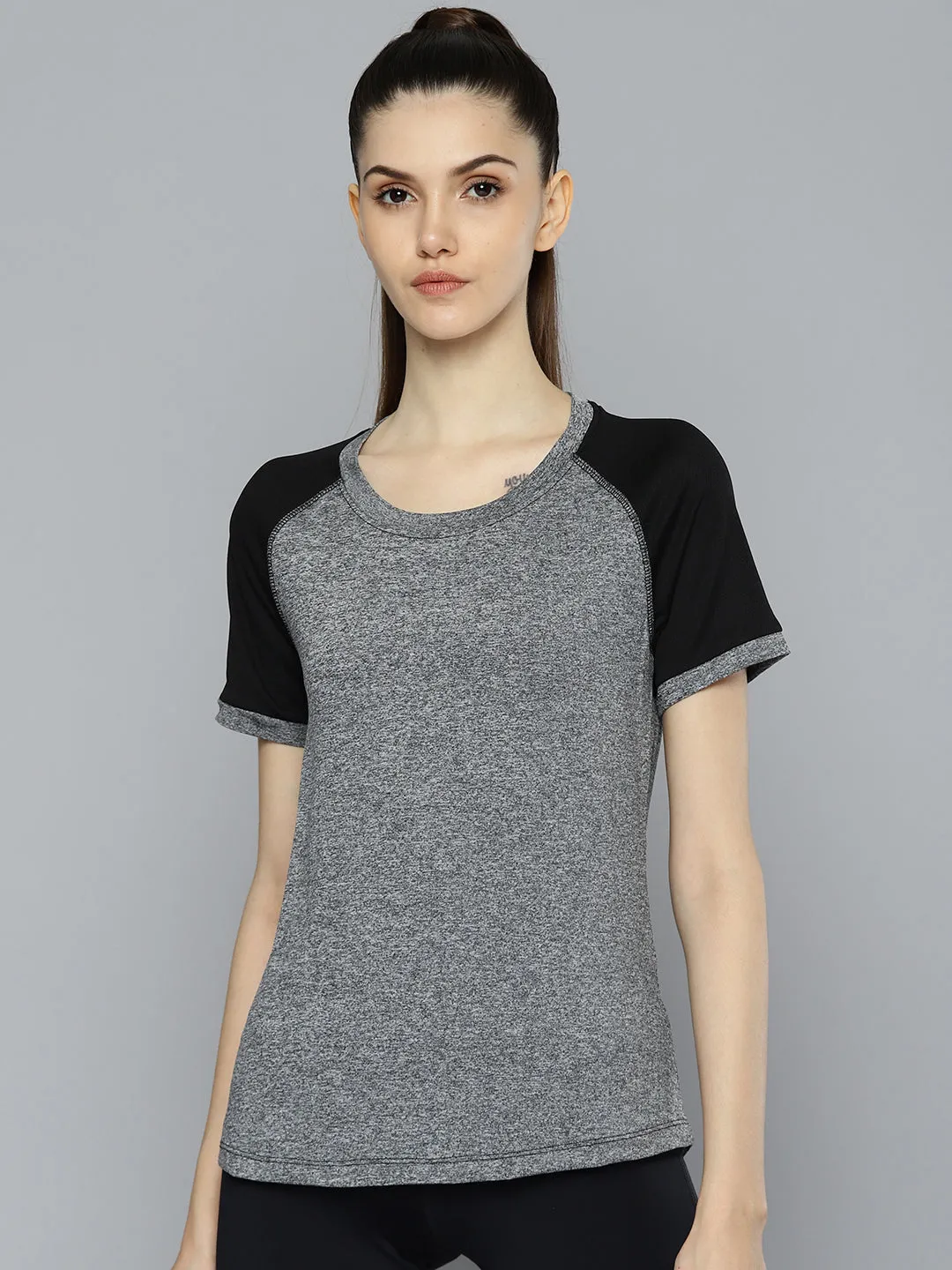 Alcis Women Grey Melange  Black Slim Fit T-shirt