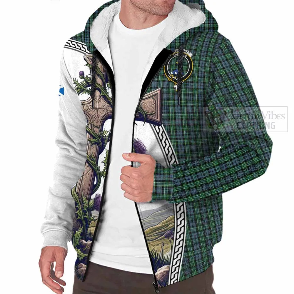 Arbuthnot Tartan Sherpa Hoodie with Family Crest and St. Andrew's Cross Accented by Thistle Vines