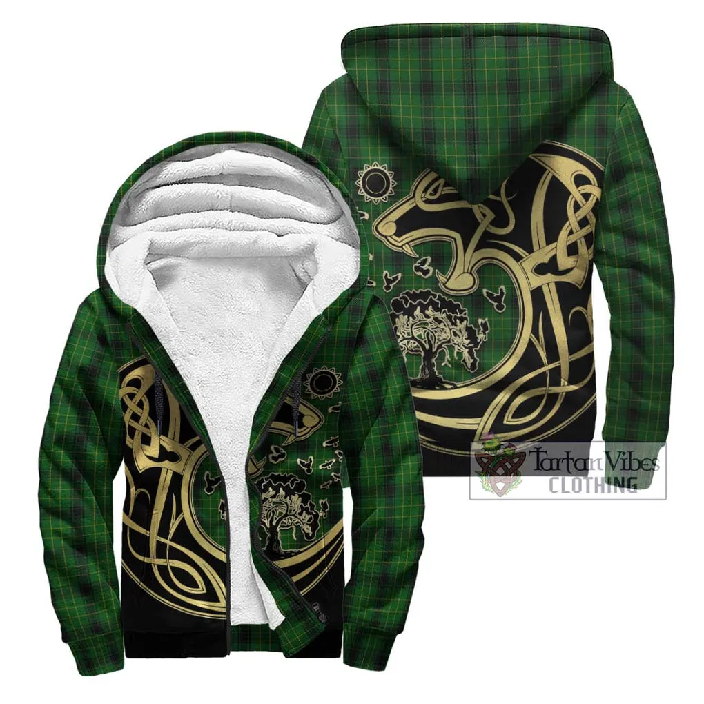 Arthur Highland Tartan Sherpa Hoodie with Family Crest Celtic Wolf Style