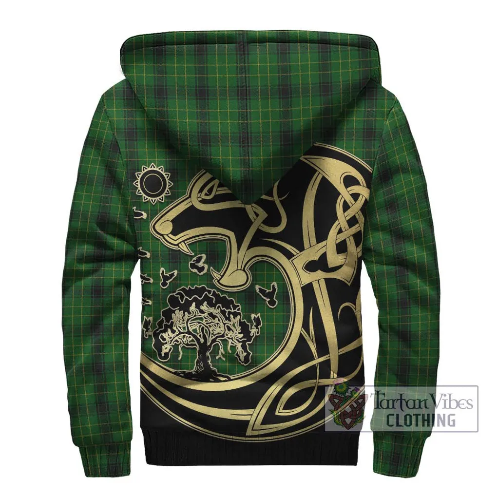 Arthur Highland Tartan Sherpa Hoodie with Family Crest Celtic Wolf Style