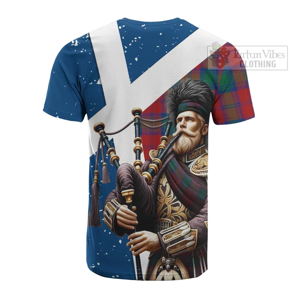 Auchinleck (Affleck) Tartan Cotton T-shirt with Family Crest Scottish Bagpiper Vibes