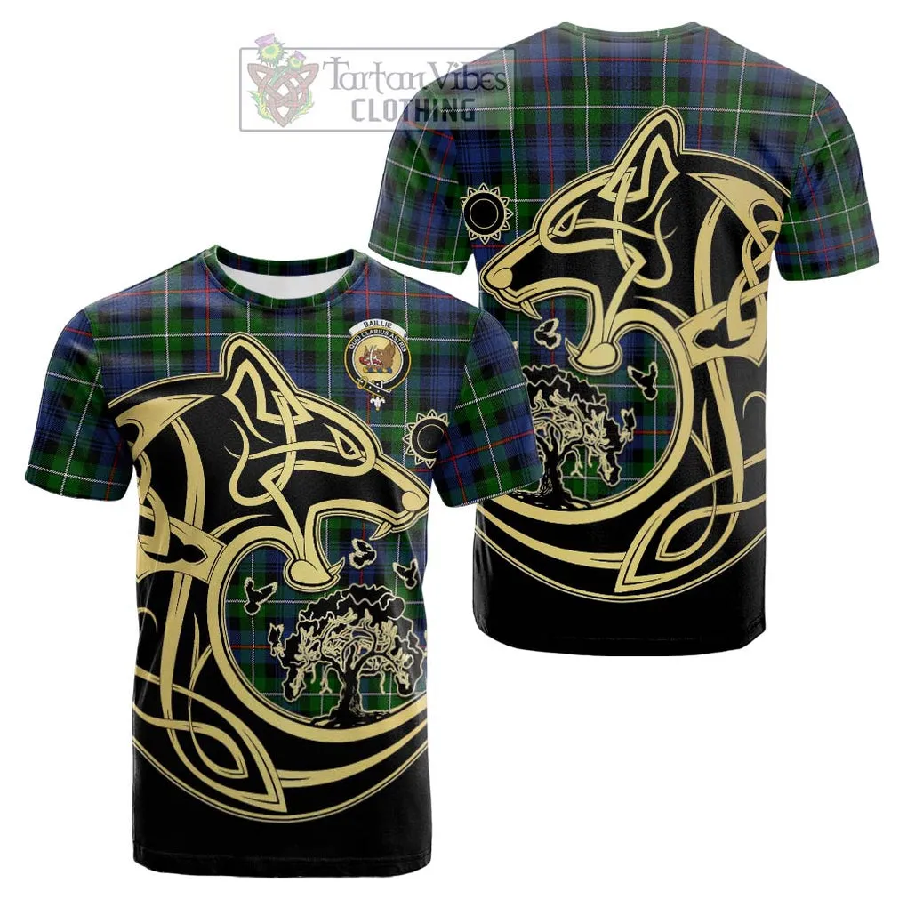 Baillie Tartan Cotton T-shirt with Family Crest Celtic Wolf Style