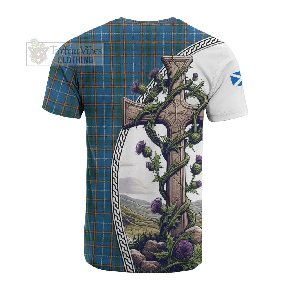 Bain Tartan Cotton T-shirt with Family Crest and St. Andrew's Cross Accented by Thistle Vines