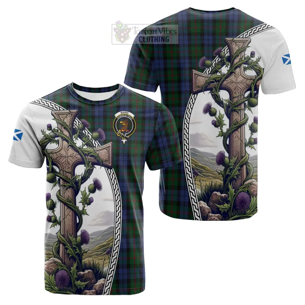 Baird Tartan Cotton T-shirt with Family Crest and St. Andrew's Cross Accented by Thistle Vines