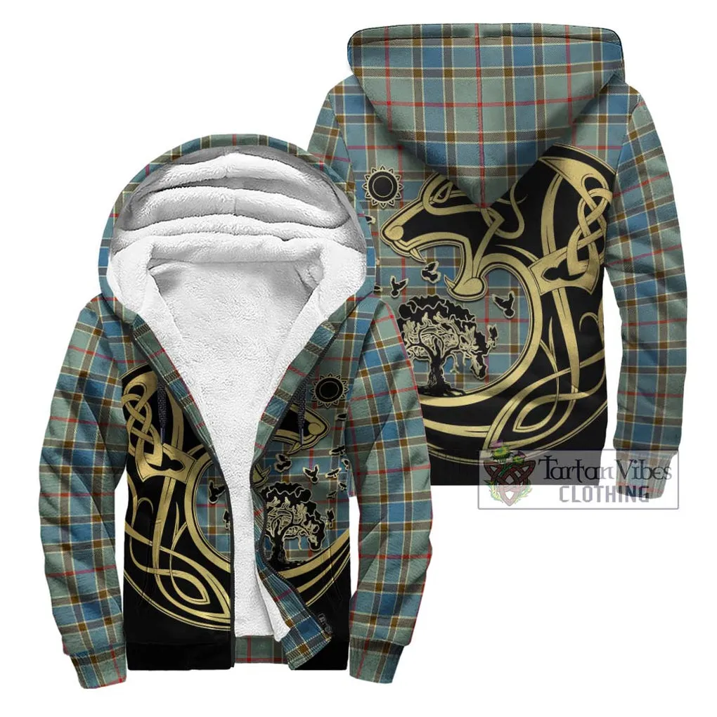 Balfour Blue Tartan Sherpa Hoodie with Family Crest Celtic Wolf Style