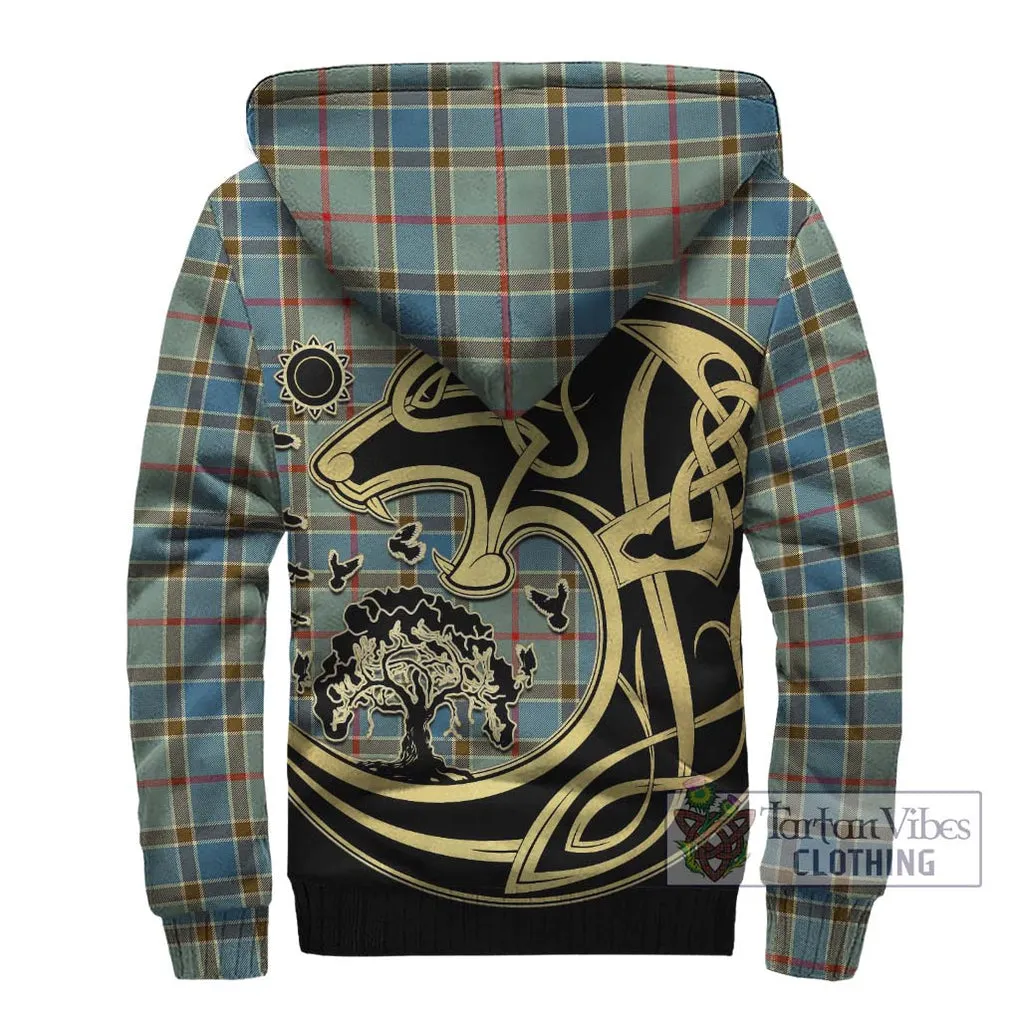 Balfour Blue Tartan Sherpa Hoodie with Family Crest Celtic Wolf Style