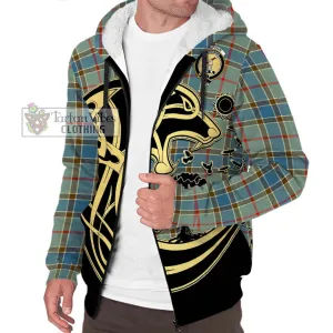 Balfour Blue Tartan Sherpa Hoodie with Family Crest Celtic Wolf Style