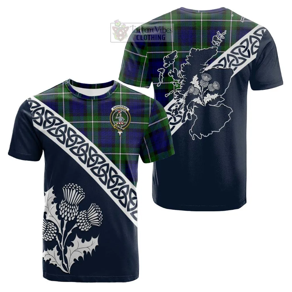 Bannerman Tartan Cotton T-shirt Featuring Thistle and Scotland Map