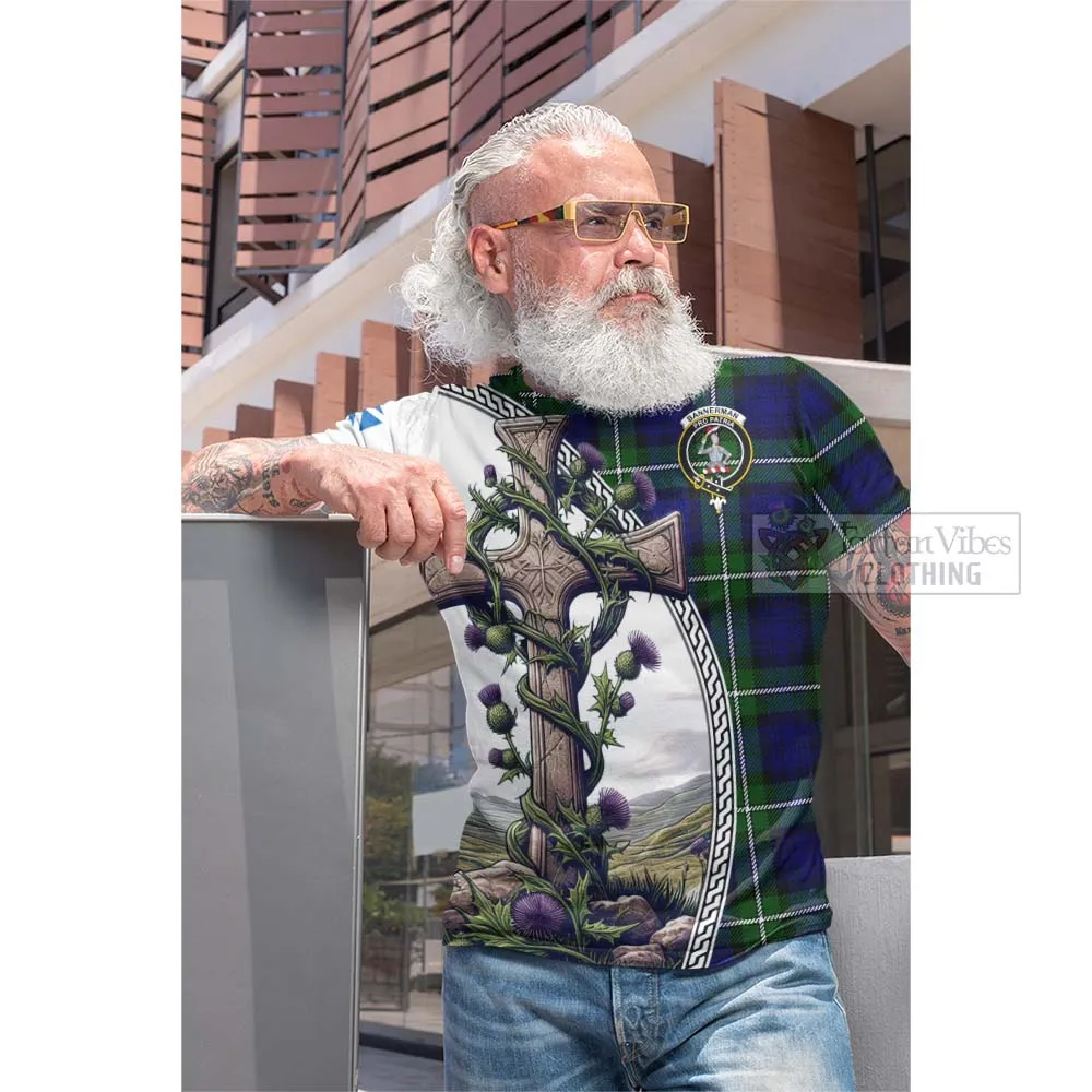 Bannerman Tartan Cotton T-shirt with Family Crest and St. Andrew's Cross Accented by Thistle Vines