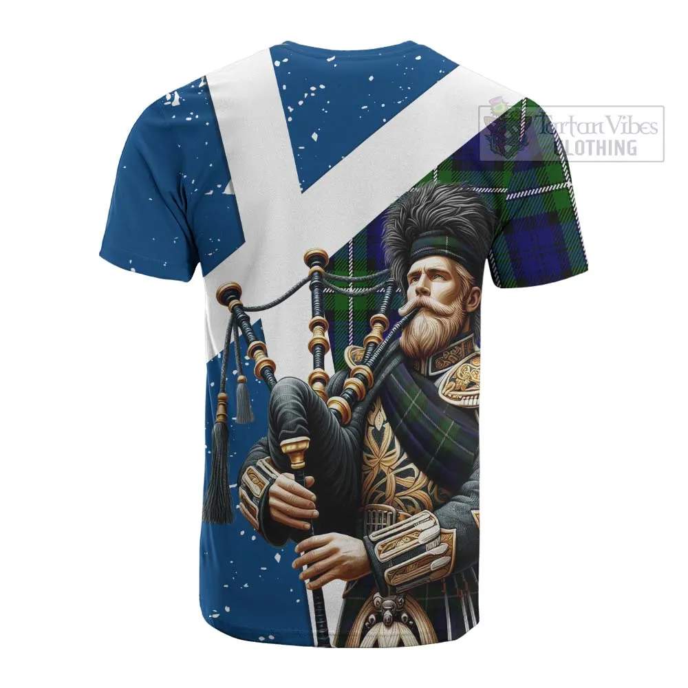 Bannerman Tartan Cotton T-shirt with Family Crest Scottish Bagpiper Vibes