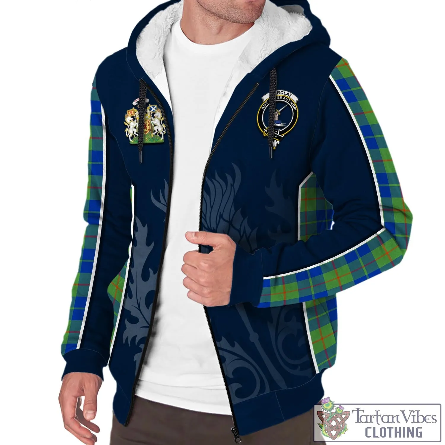 Barclay Hunting Ancient Tartan Sherpa Hoodie with Family Crest and Scottish Thistle Vibes Sport Style