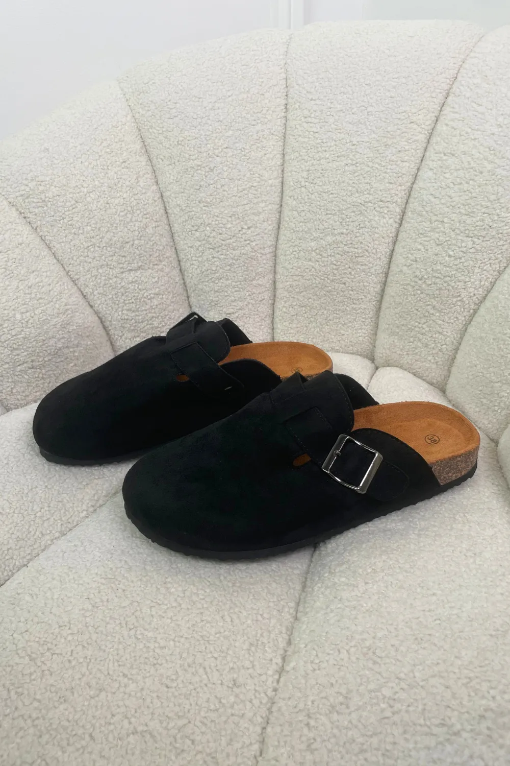 Billie black faux suede clog mules