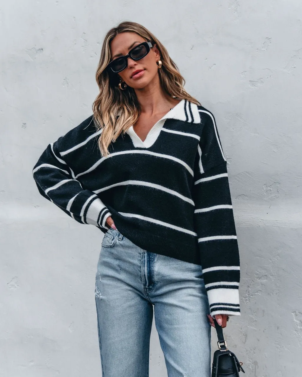 Black and White Stripe Collared Sweater - FINAL SALE