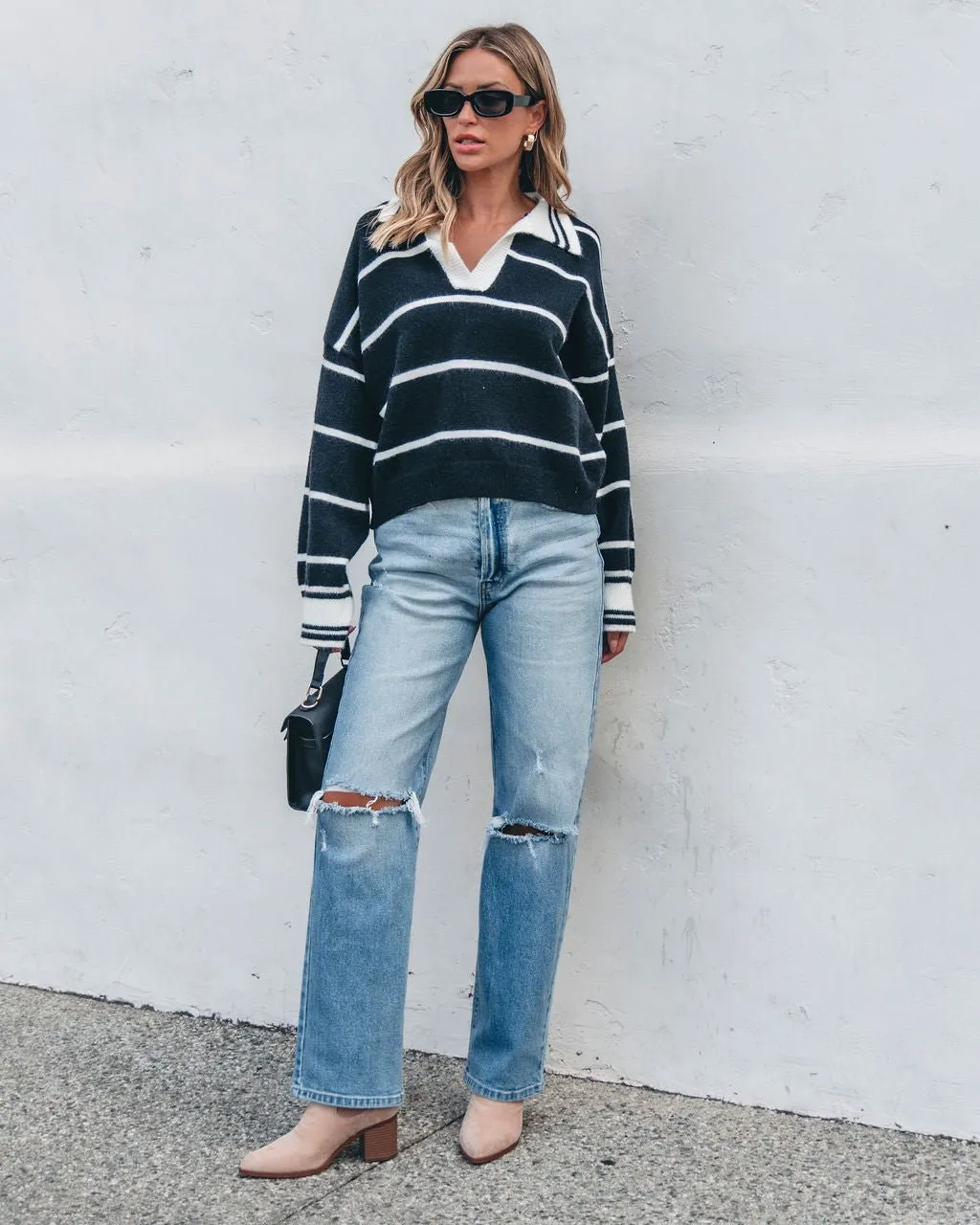 Black and White Stripe Collared Sweater - FINAL SALE