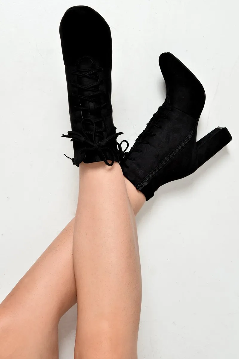 Black Faux Suede Lace Up Ankle Boots - Ryannah