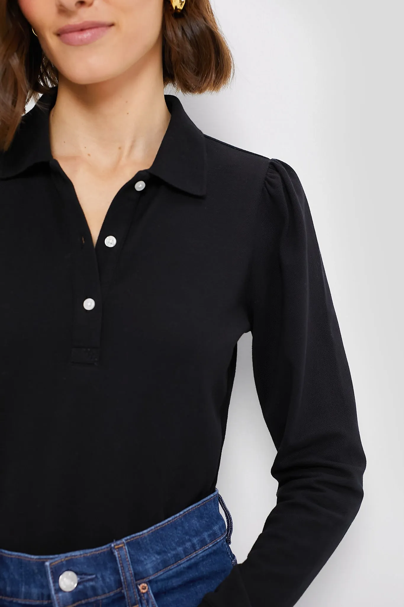 Black Long Sleeve Pique Puff Sleeve Peggy Polo