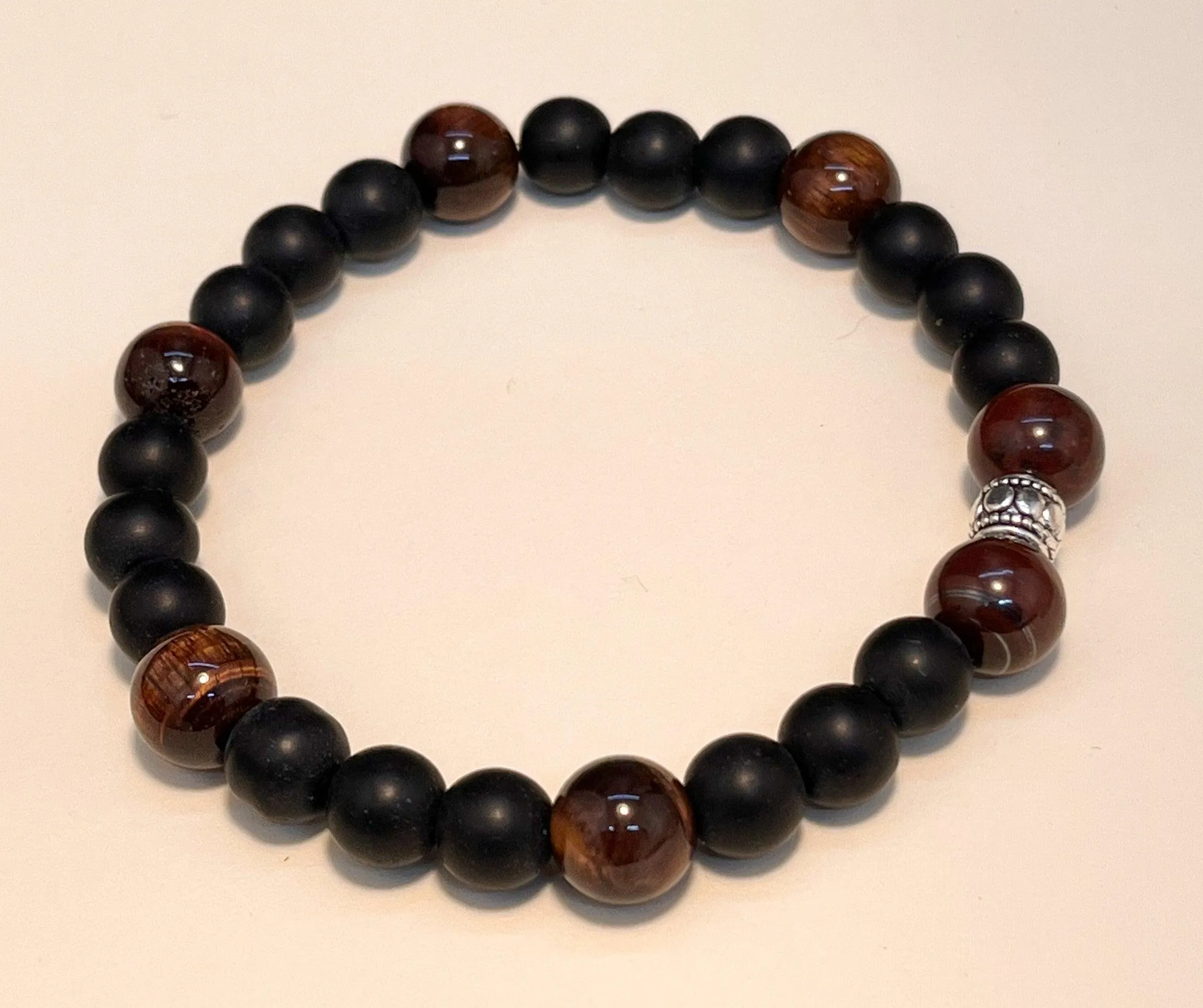 Black Onyx with Red Faceted Tigers Eye Stretchy Bracelet