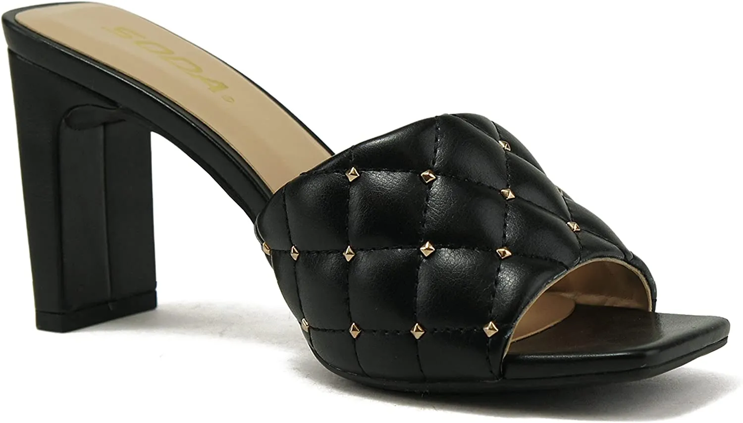 Black Quilted Block Heel Metal Stud Mule with Square Toe