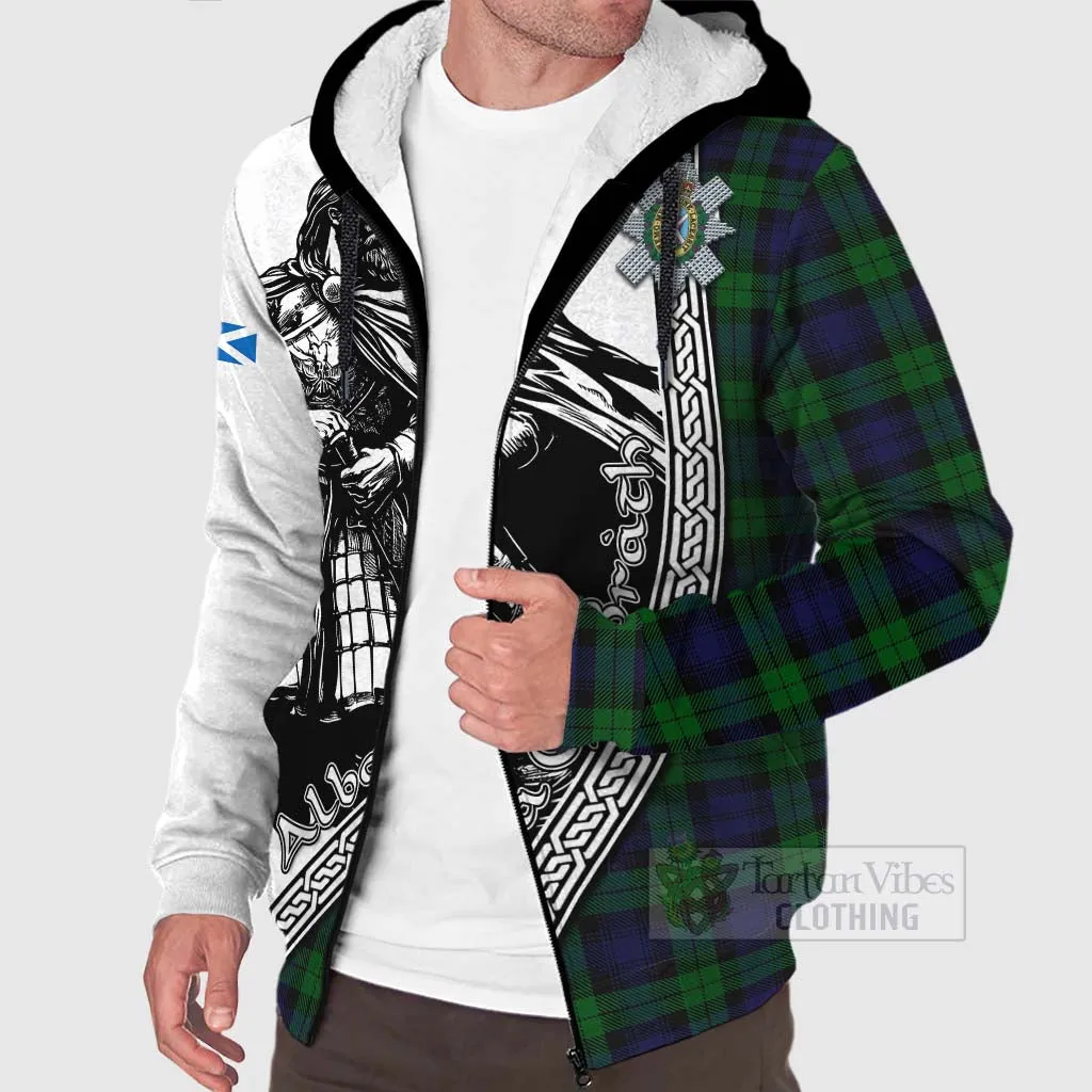 Black Watch Tartan Clan Crest Sherpa Hoodie with Highlander Warrior Celtic Style