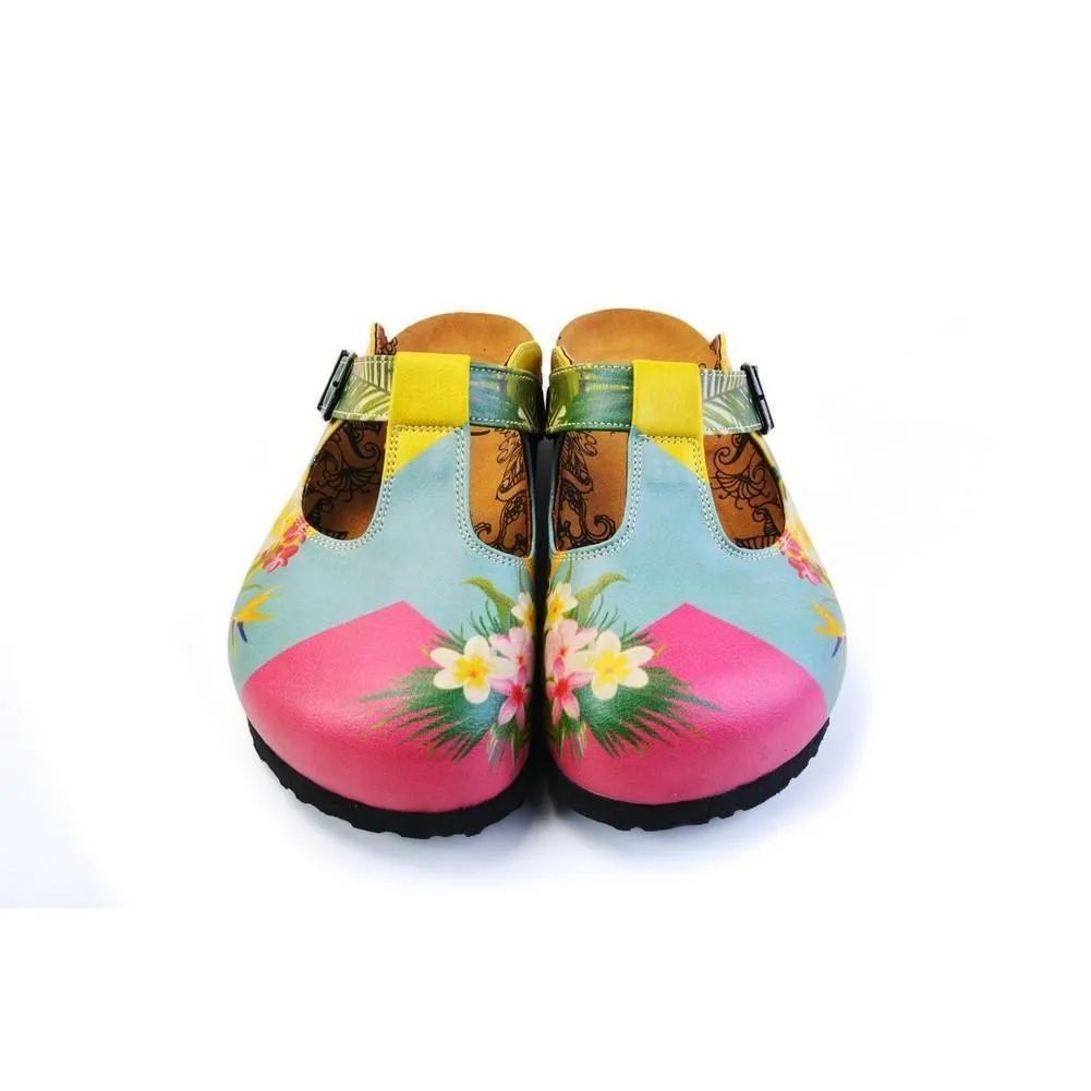 Blue & Pink Floral Color Block T-Strap Mule CAL1502