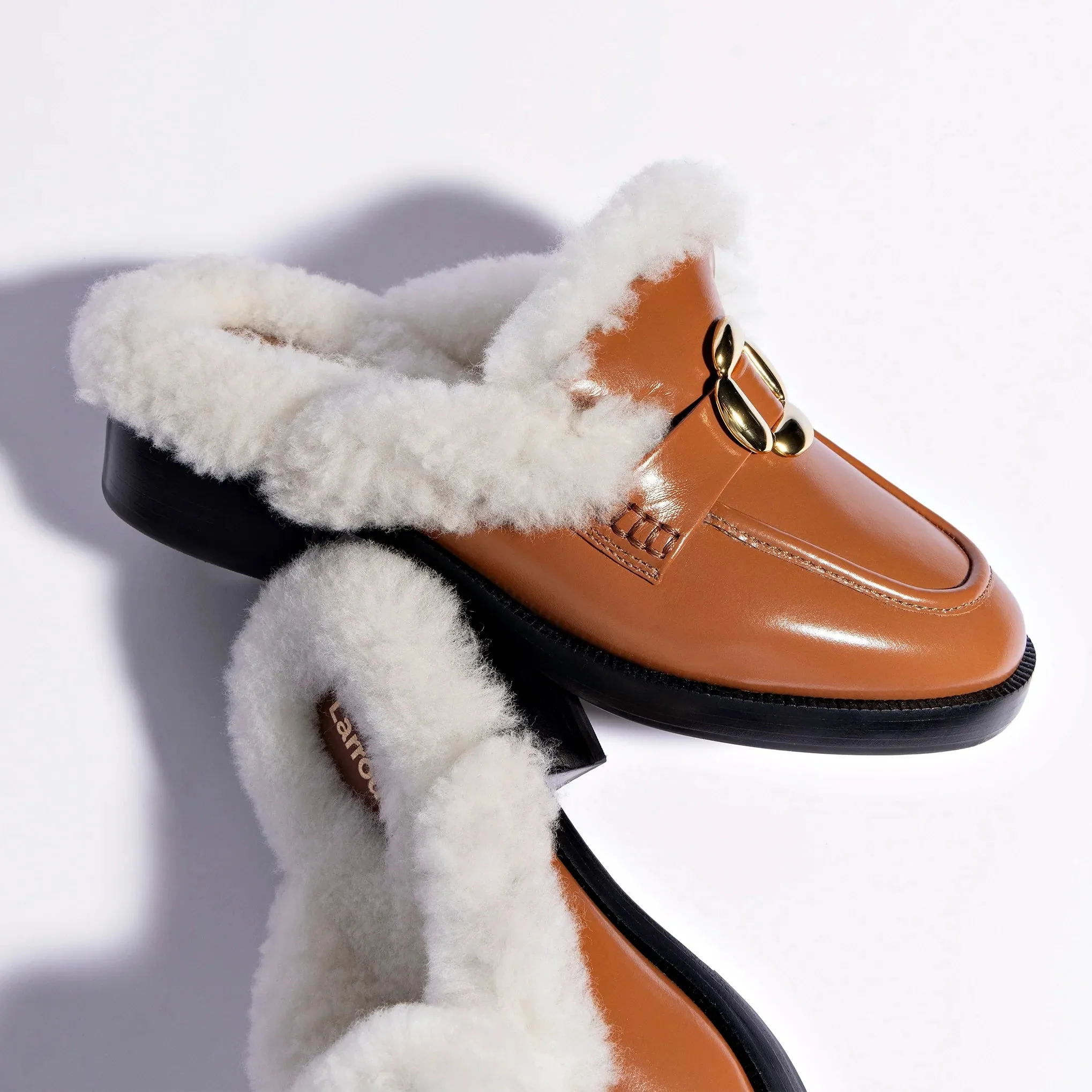 Bobbie Mule In Caramel Leather and Natural Shearling by Larroudé