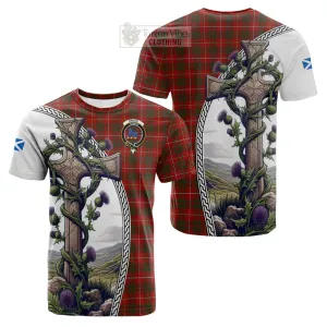 Bruce Tartan Cotton T-shirt with Family Crest and St. Andrew's Cross Accented by Thistle Vines