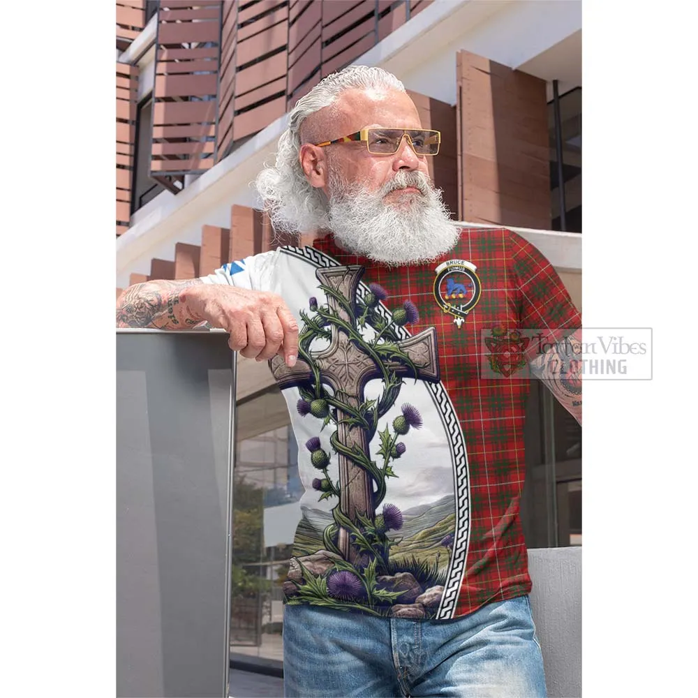 Bruce Tartan Cotton T-shirt with Family Crest and St. Andrew's Cross Accented by Thistle Vines