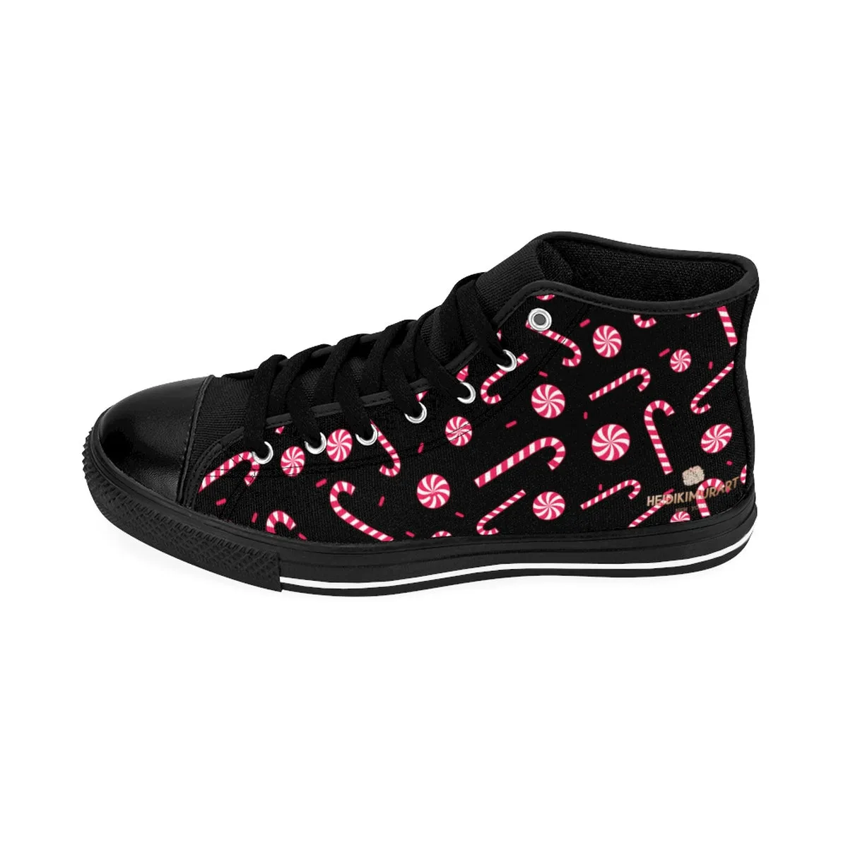 Christmas Print Men's Sneakers, Black Red White Candy Cane Print High-Top Tennis Shoes