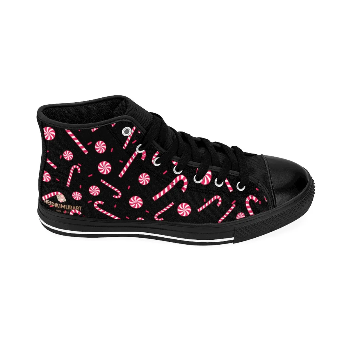 Christmas Print Men's Sneakers, Black Red White Candy Cane Print High-Top Tennis Shoes