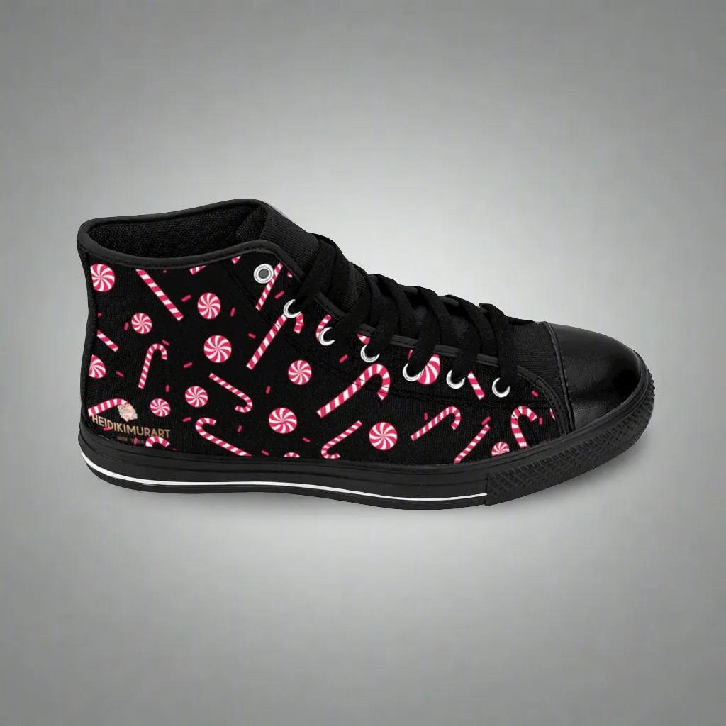 Christmas Print Men's Sneakers, Black Red White Candy Cane Print High-Top Tennis Shoes