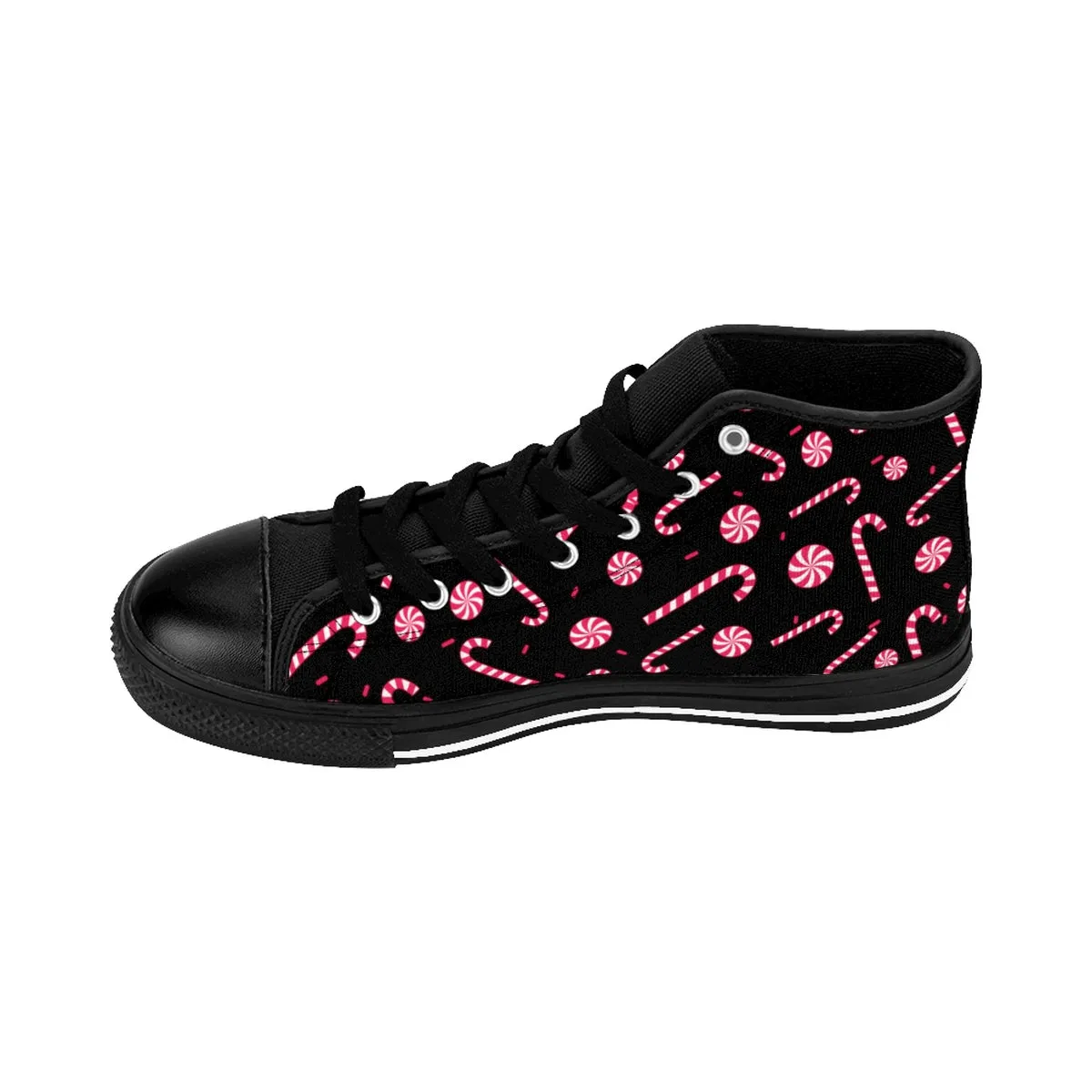 Christmas Print Men's Sneakers, Black Red White Candy Cane Print High-Top Tennis Shoes