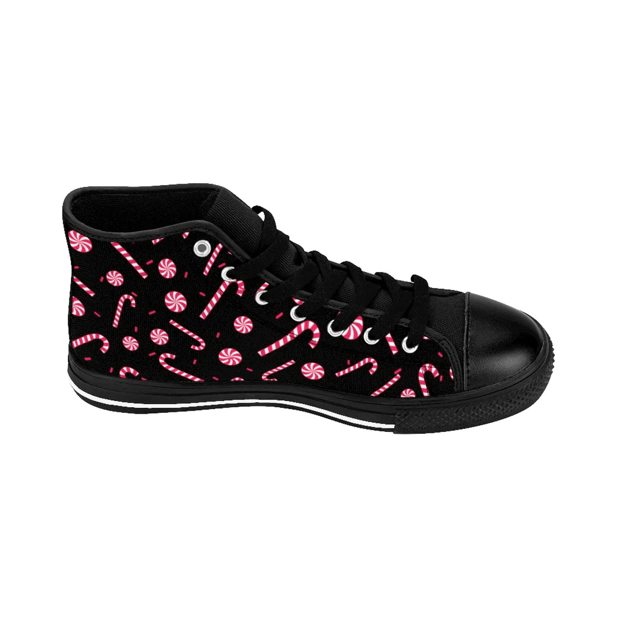 Christmas Print Men's Sneakers, Black Red White Candy Cane Print High-Top Tennis Shoes