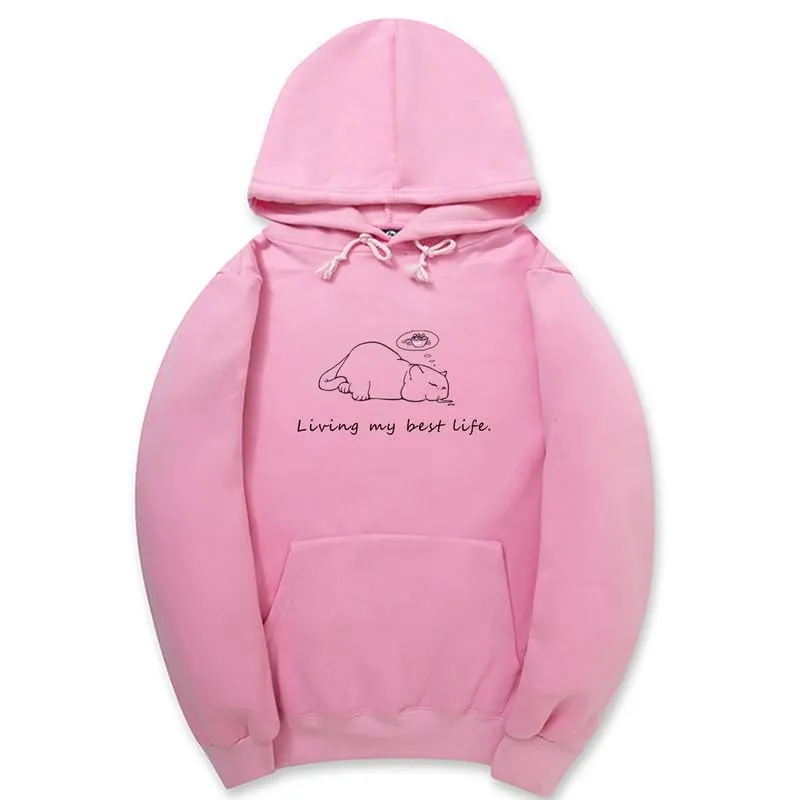 CORIRESHA Cute Sleeping Cat Hoodie Casual Drawstring Long Sleeve Cotton Teen Sweatshirt