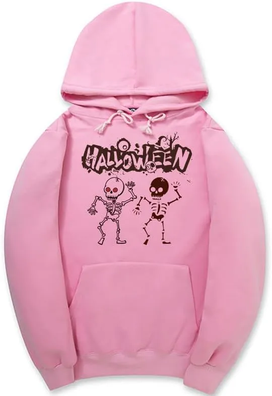 CORIRESHA Teen Halloween Skeleton Hoodie Casual Drawstring Y2K Aesthetic Gothic Sweatshirt