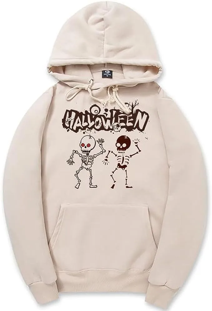 CORIRESHA Teen Halloween Skeleton Hoodie Casual Drawstring Y2K Aesthetic Gothic Sweatshirt