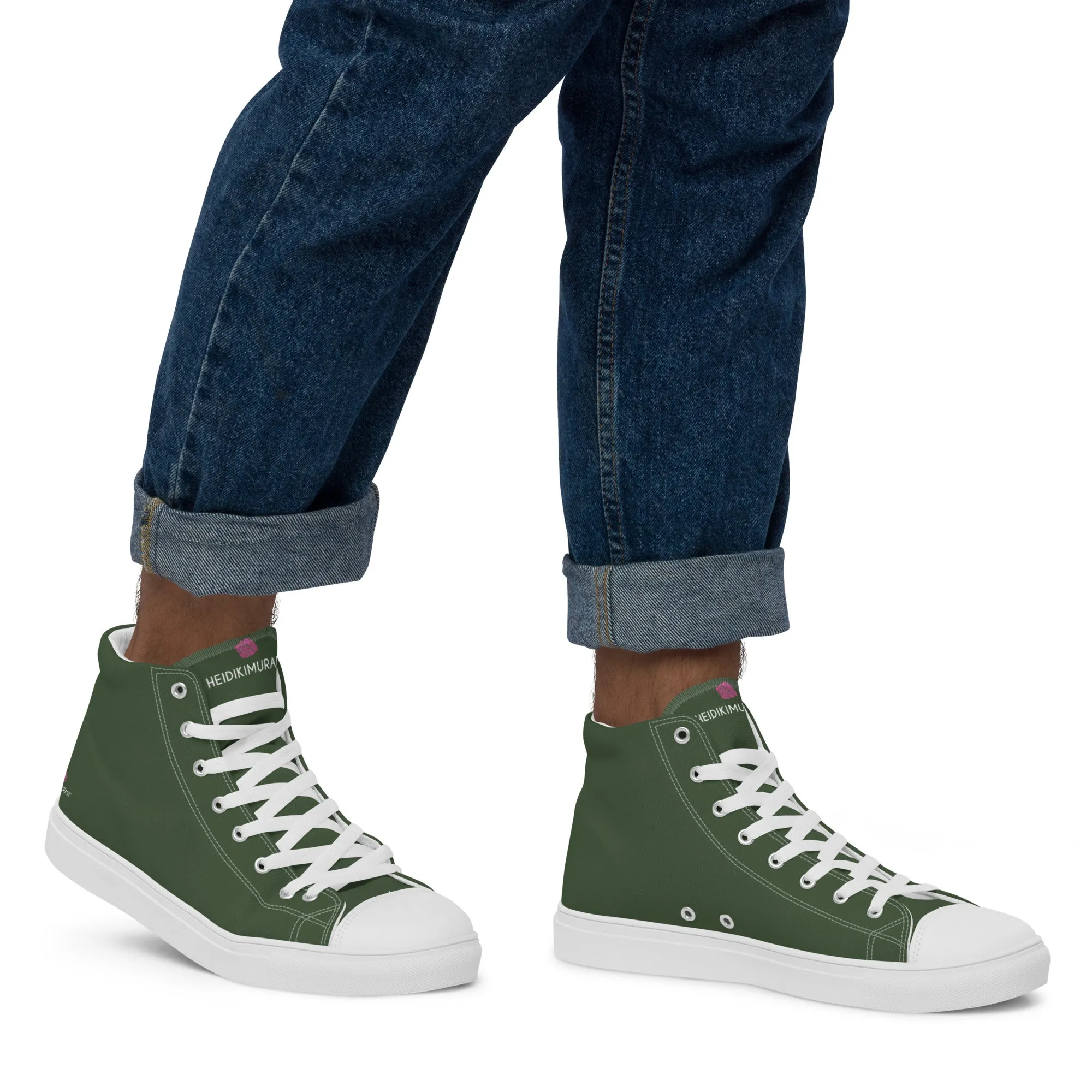 Dark Green Men's High Tops, Solid Green Color Men’s High Top Sneakers Canvas Tennis Shoes With White Laces and Faux Leather Toe Caps (US Size: 5-13)