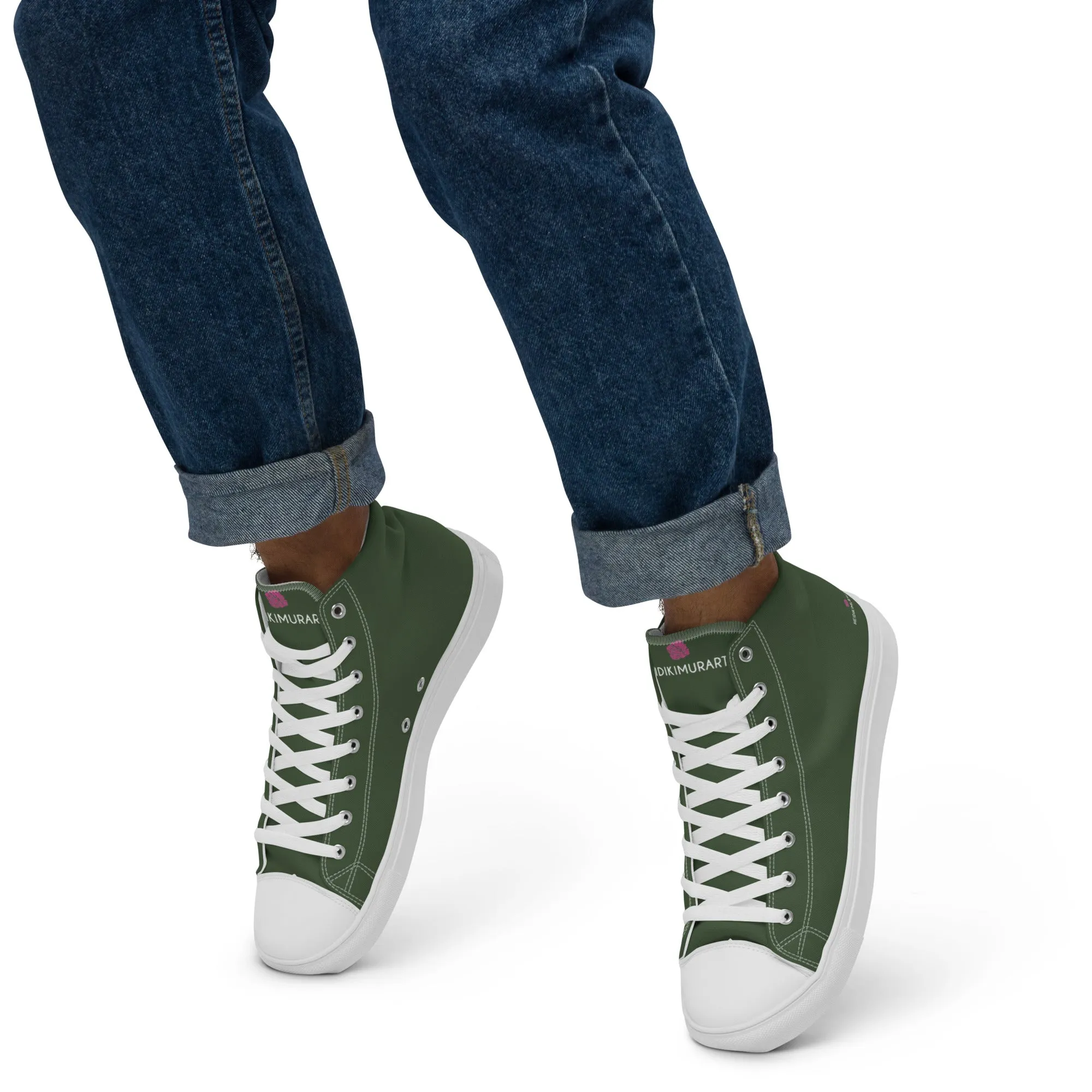 Dark Green Men's High Tops, Solid Green Color Men’s High Top Sneakers Canvas Tennis Shoes With White Laces and Faux Leather Toe Caps (US Size: 5-13)