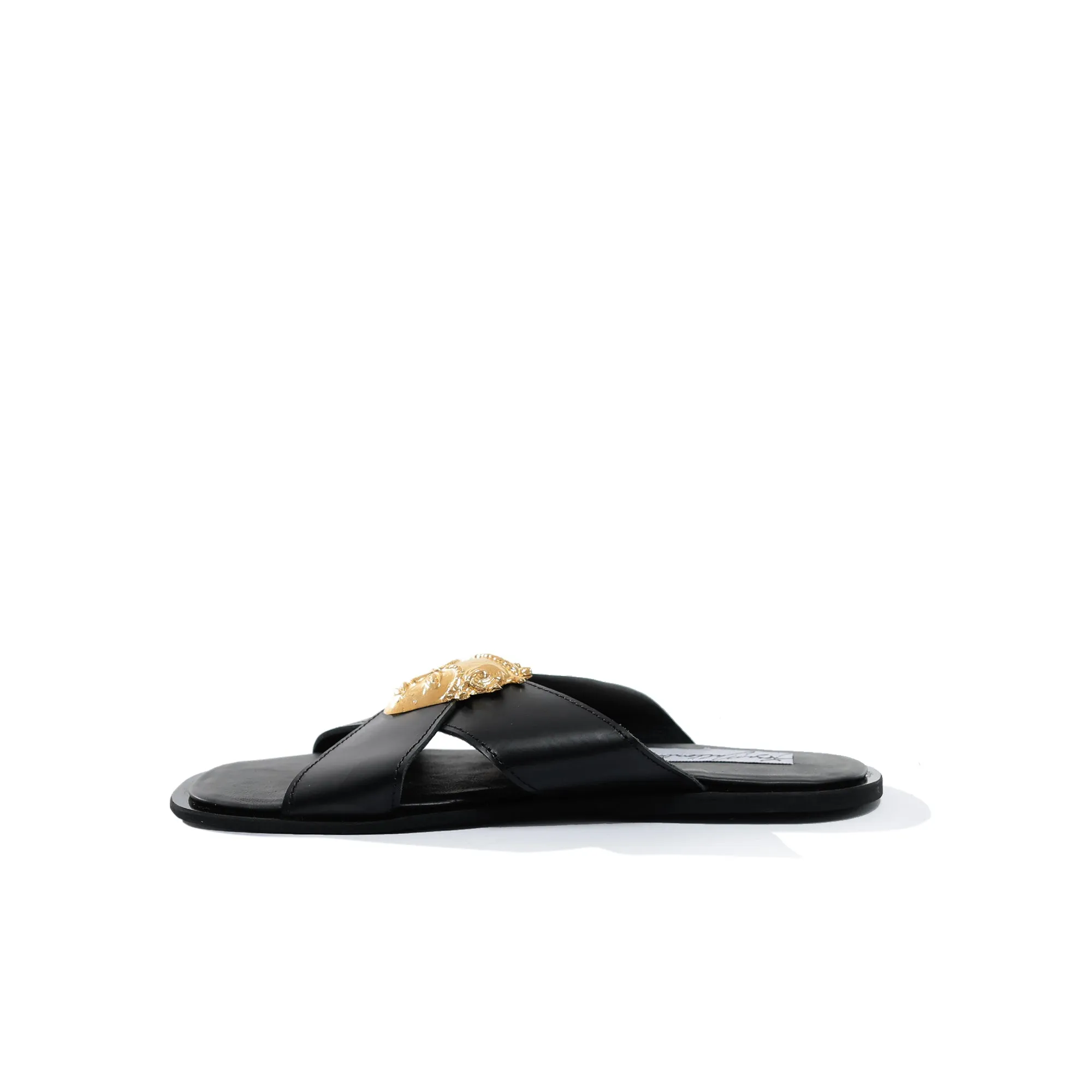 Fah Simple Black Leather Cross Front Mule