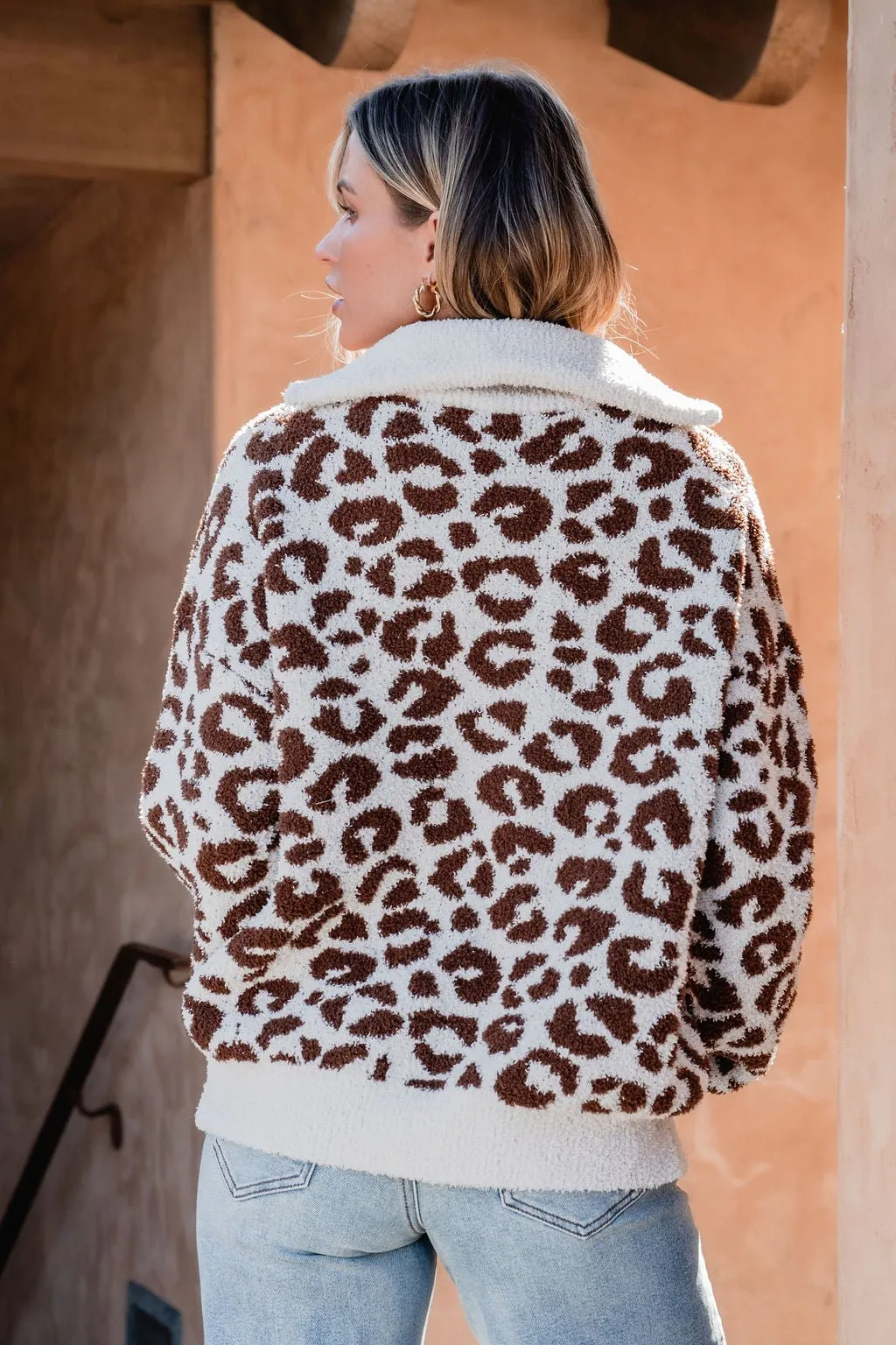 Fuzzy Tan Leopard Print Zip Up Sweater