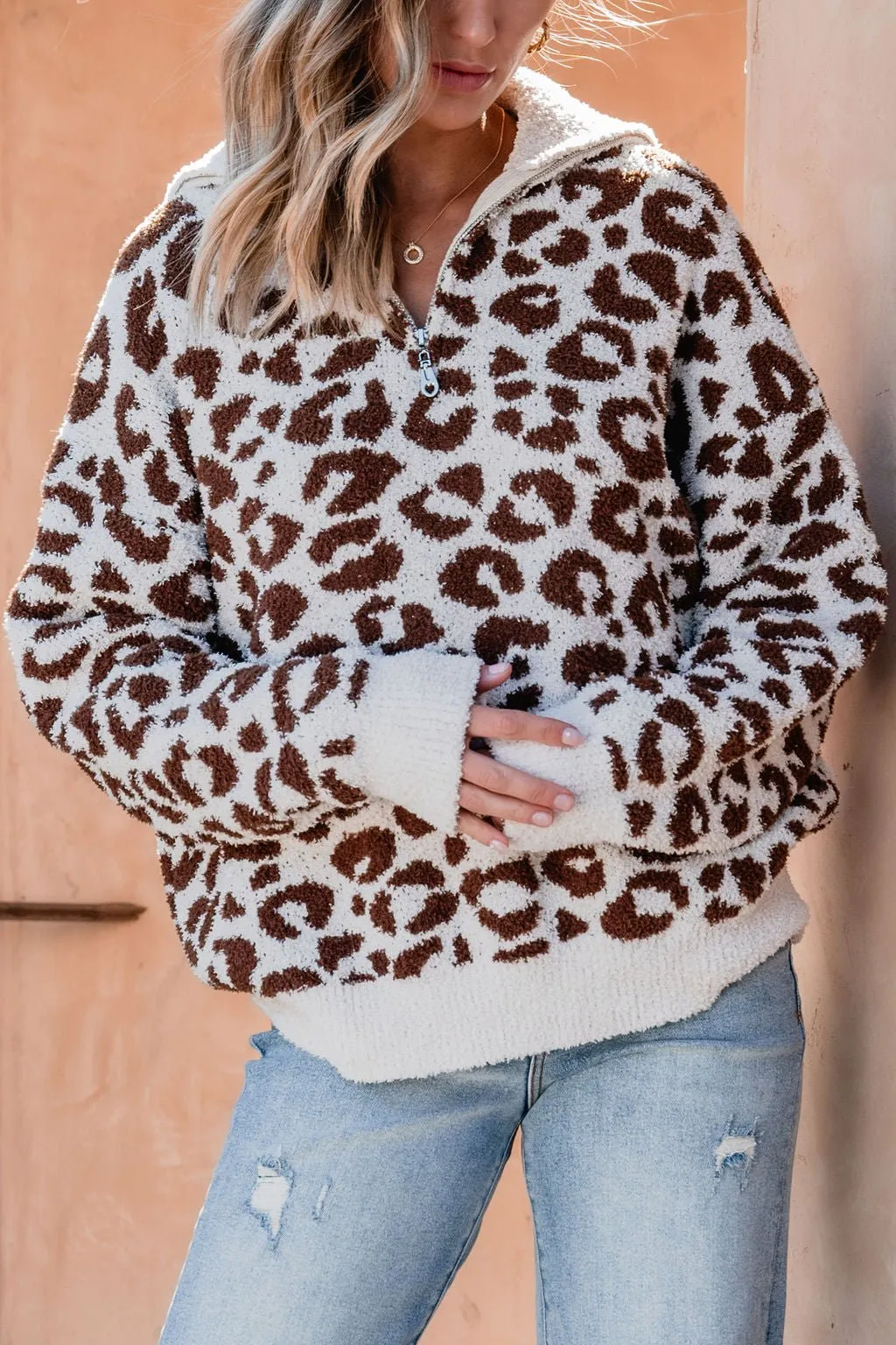 Fuzzy Tan Leopard Print Zip Up Sweater