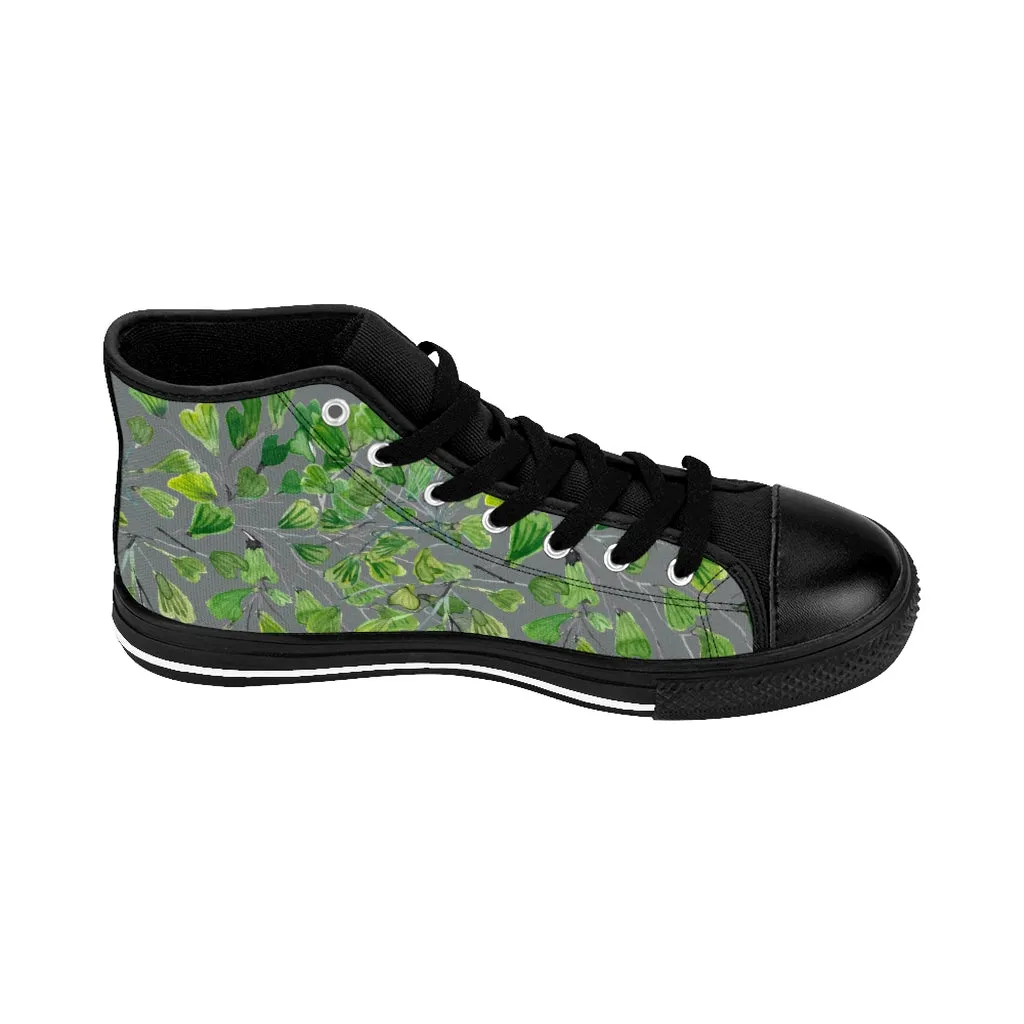 Gray Fern Men's High-top Sneakers, Green Maidenhair Leaf Designer Tennis Running Shoes