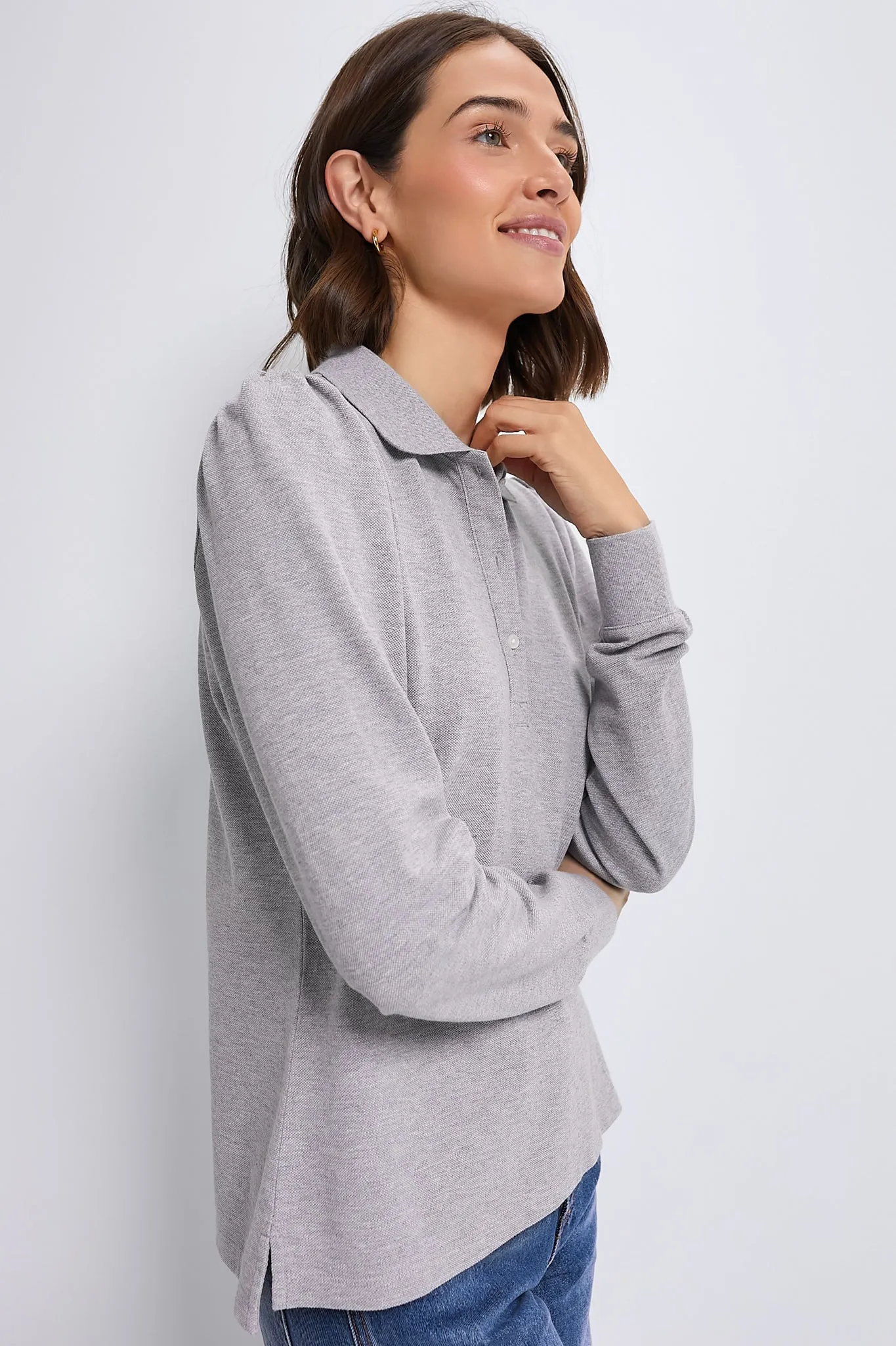 Gray Long Sleeve Pique Puff Sleeve Peggy Polo