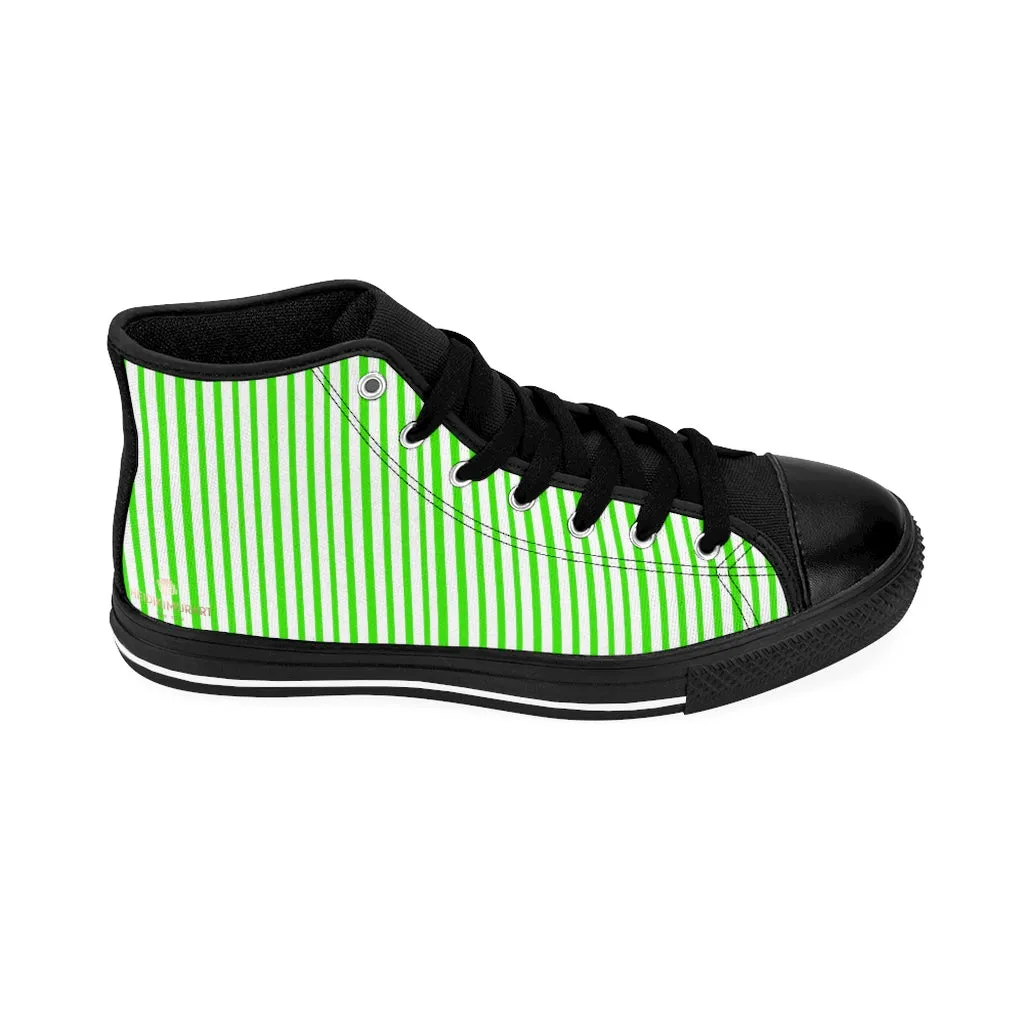 Green Striped High-top Sneakers, Vertically Green Stripes Men's Designer Tennis Running Shoes